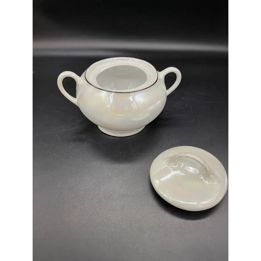 Vintage Iridescent German Sugar Bowl w/ Lid Floral Design Made in Germany